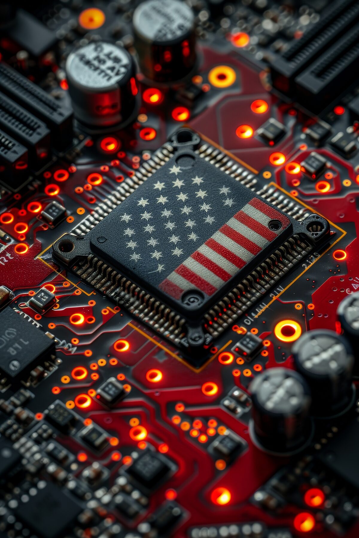 Close-up of a semiconductor chip printed with the U.S. flag on a glowing circuit board