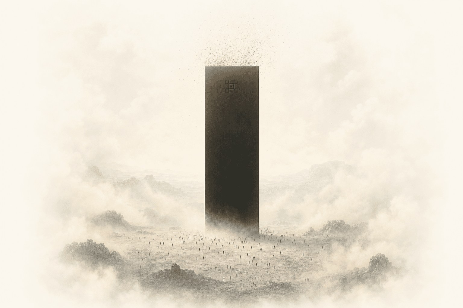 A monolith standing dead-center in a misty rocky landscape as people gather around it: one source of truth