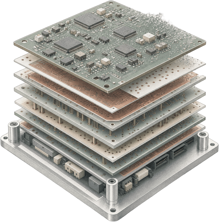 Exploded technical illustration of a multilayer printed circuit board assembly