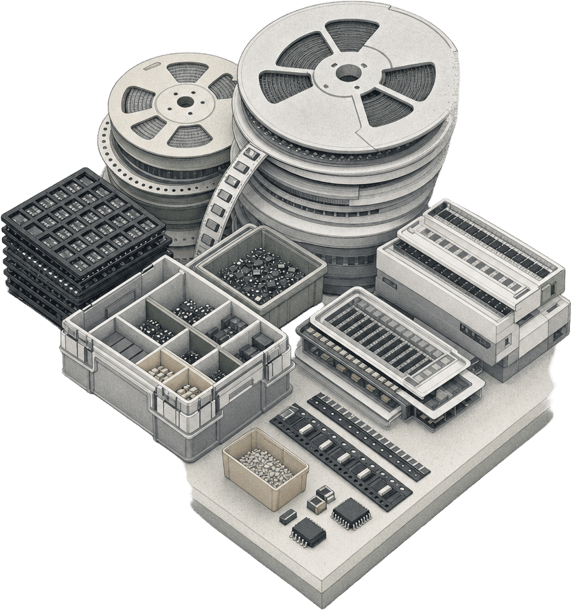 Technical illustration of electronic component reels, trays, and parts bins