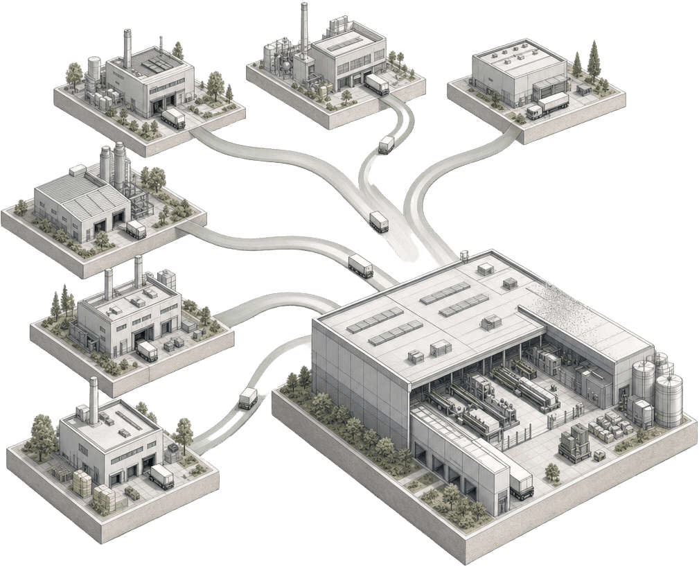 Diorama illustration of a multi-tier supplier network connecting to a final assembly plant